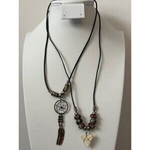 Dreamcatcher & Shark Tooth Pendant Necklaces Tribal Bead Accents Black Cord Boho